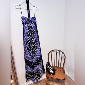 Nicole Miller Black and Purple Floral long halter Dress